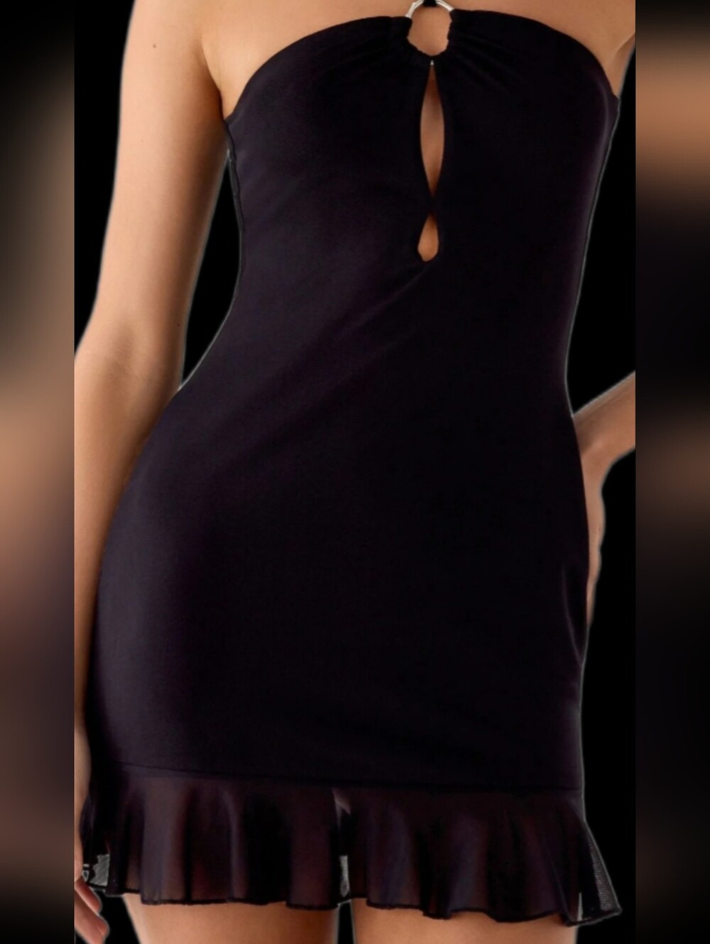 PEPPERMAYO BLACK MINI DRESS STRING HALTER FLOUNCE SHEER HEM SIZE XS NWT